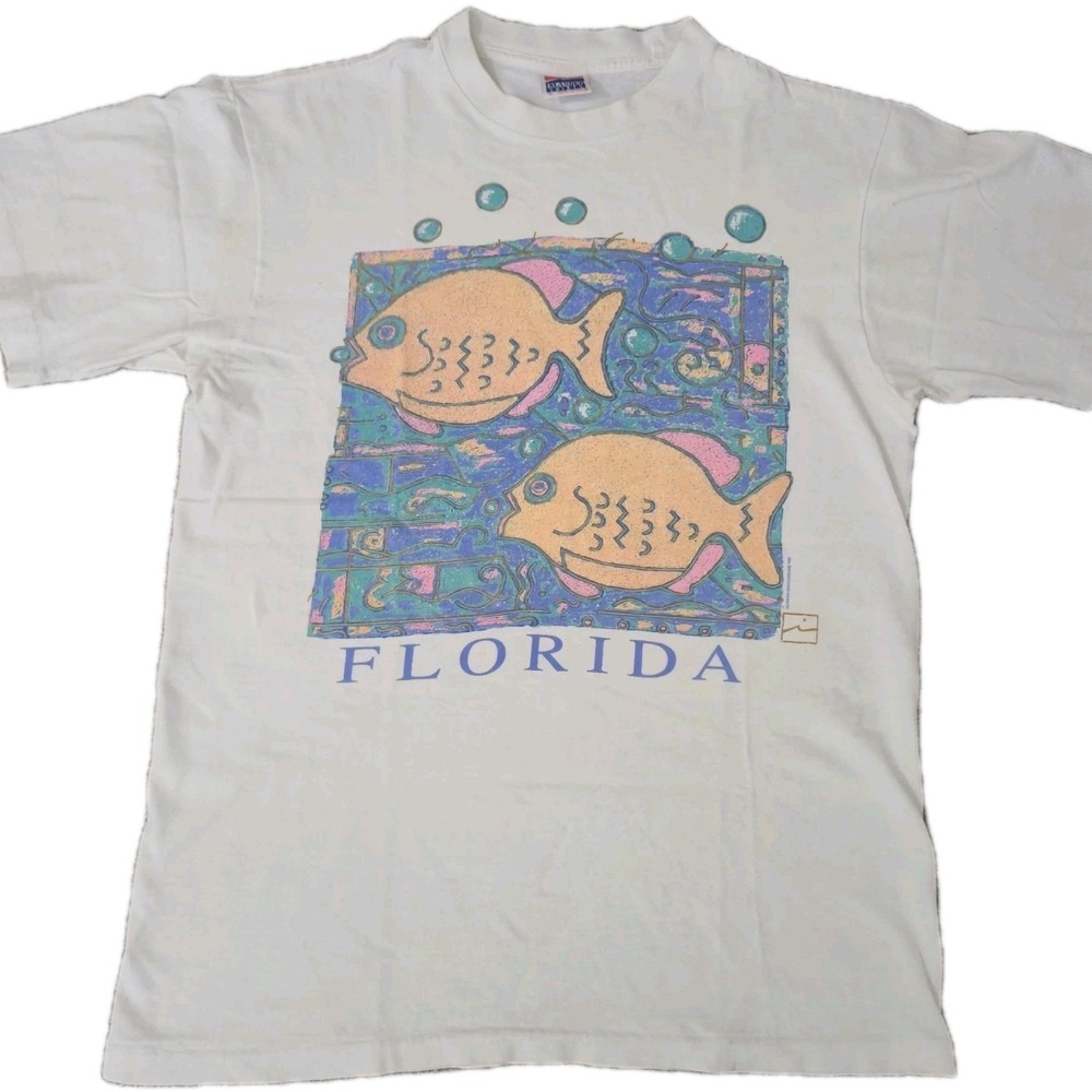 Vintage 1989 Florida Fish T Shirt Reef Single Stitch White Size Medium Ocean